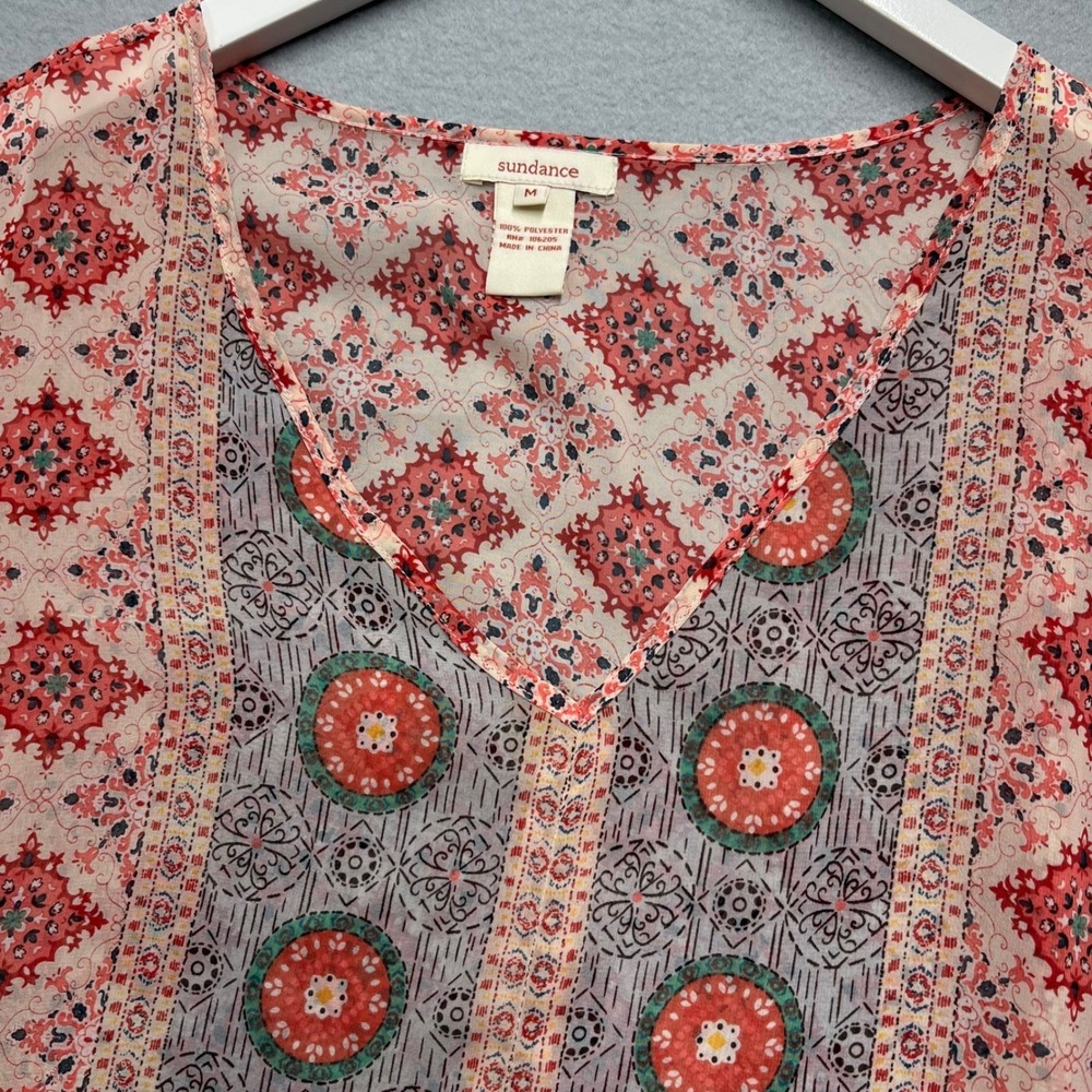 Sundance Womens Red Medallion Print V-Neck Sheer Boho Blouse Size M RN 106205